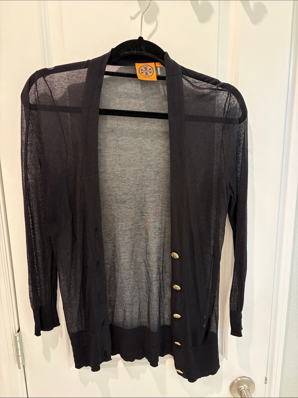 Tory Burch Black Sheer Long-Sleeve Cardigan with Gold Buttons